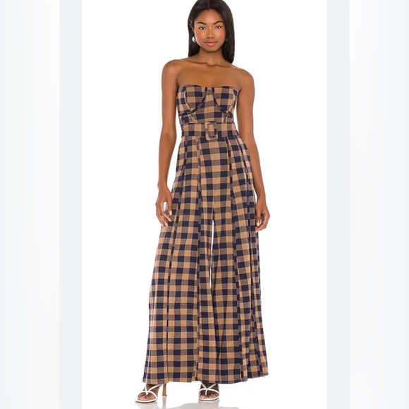 Free People Pants - Free People Strapless Plaid Belted Jumpsuit in Navy and Tan